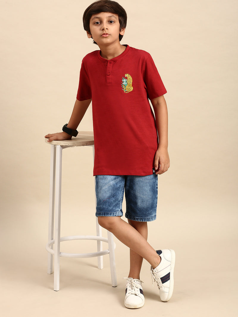 Kids - Boys Printed Half Sleeve T-Shirt Maroon