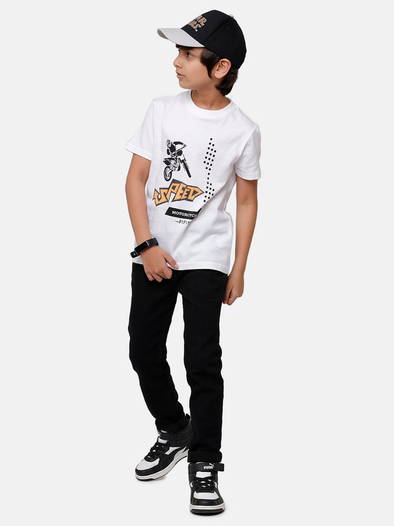 Kids - Boys Printed Half Sleeve T-Shirt White