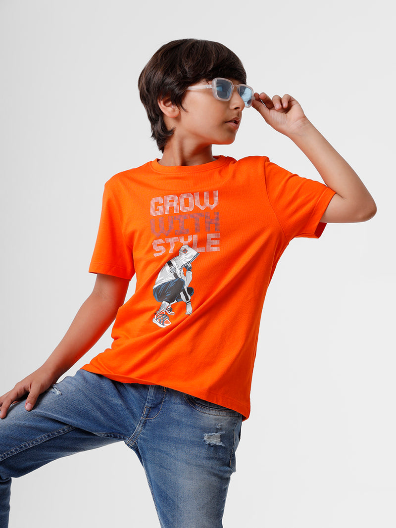 Kids - Boys Printed Half Sleeve T-Shirt Dark Orange