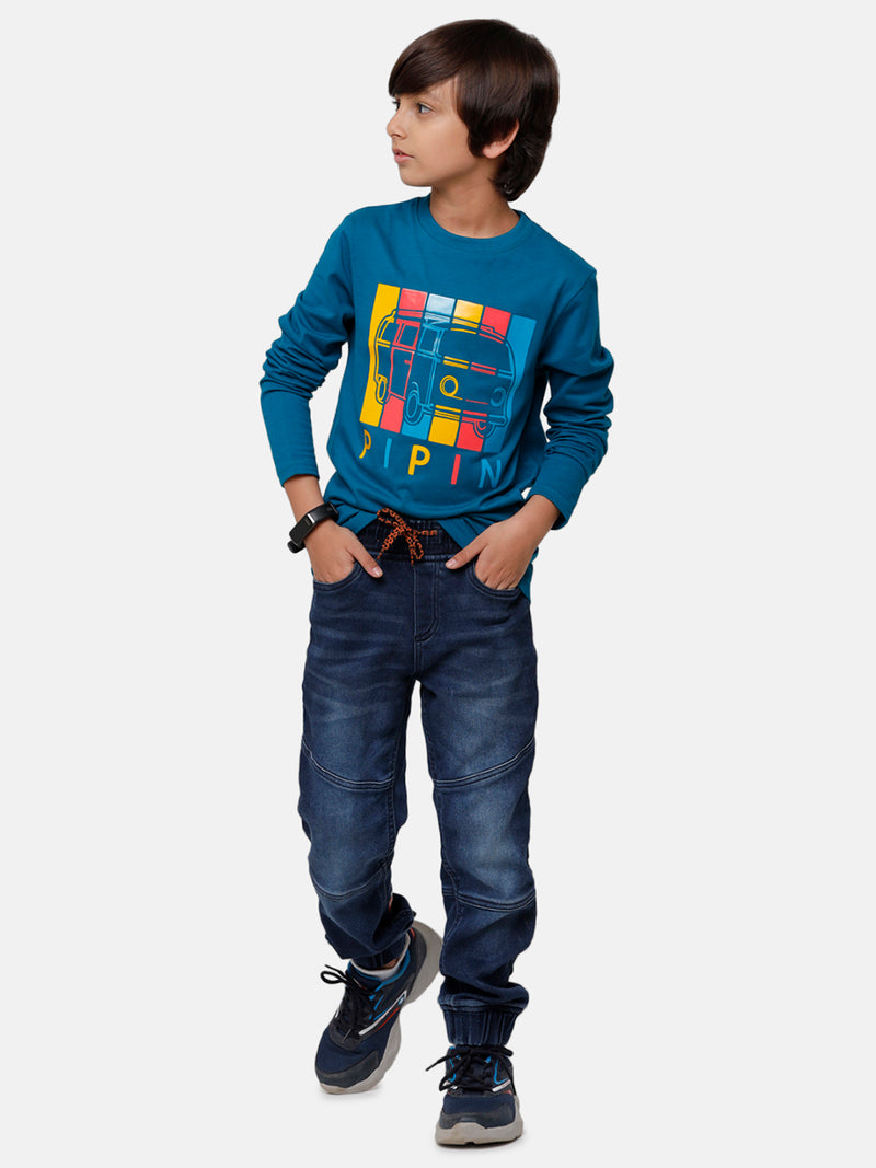 Kids - Boys Printed Full Sleeve T-Shirt Petrol