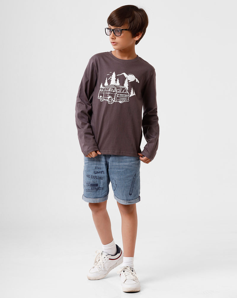 Kids - Boys Printed Full Sleeve T-Shirt Dark Grey