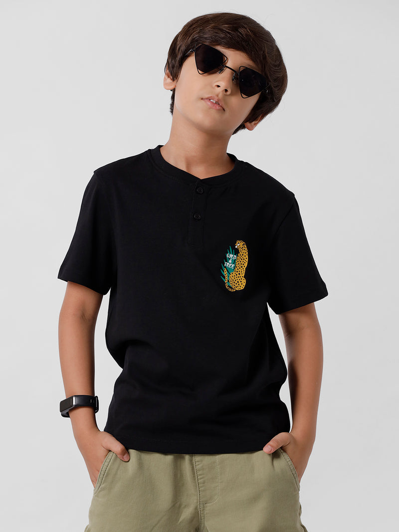 Kids - Boys Printed Half Sleeve T-Shirt Black