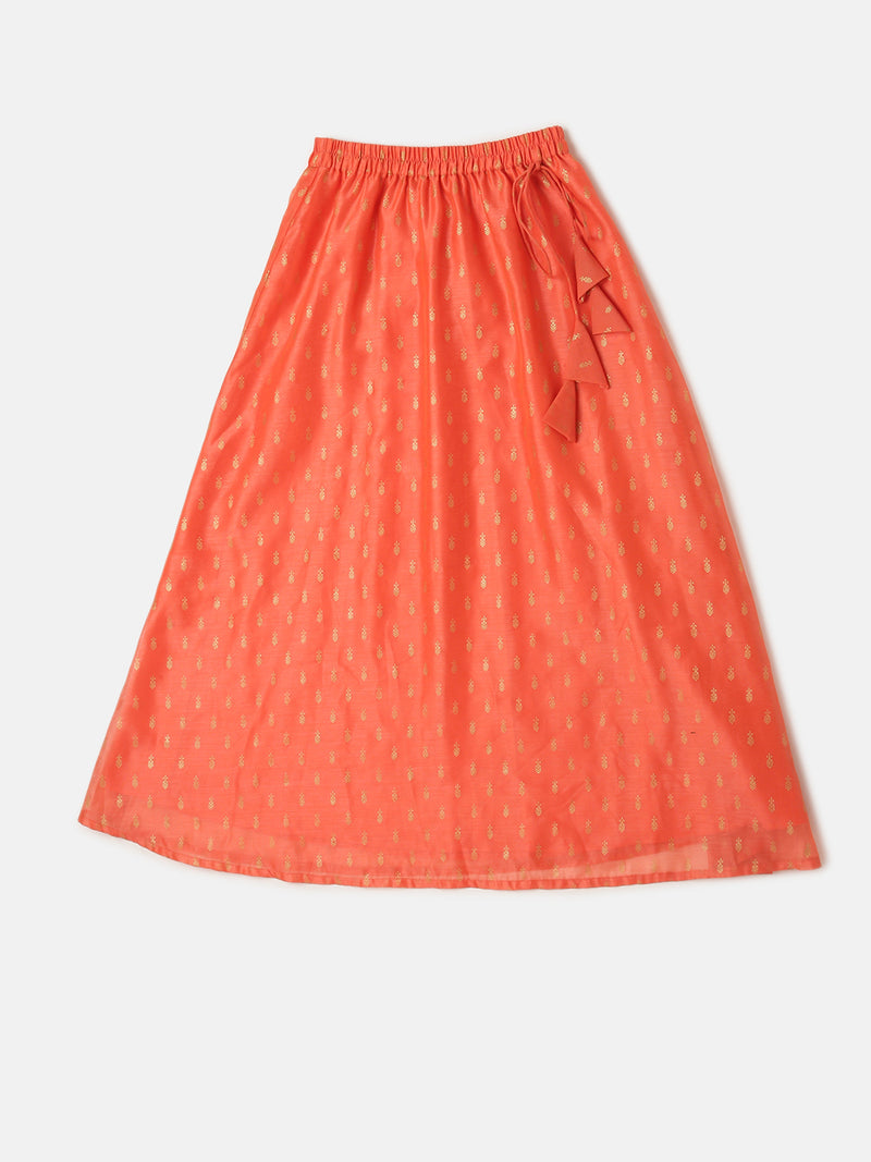Pipin Girls Printed Lehanga Set Dark Coral