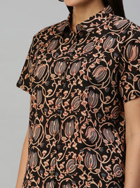 De Moza Women's Printed Half Sleeve Shirt Brown