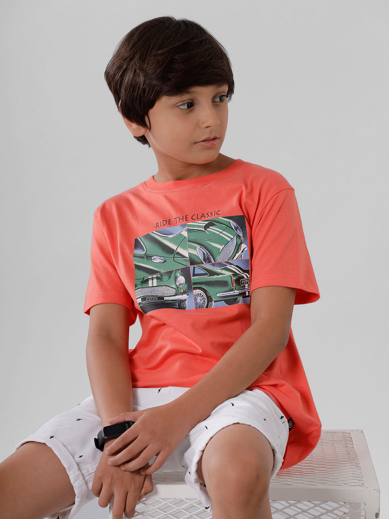 Kids - Boys Printed Half Sleeve T-Shirt Peach