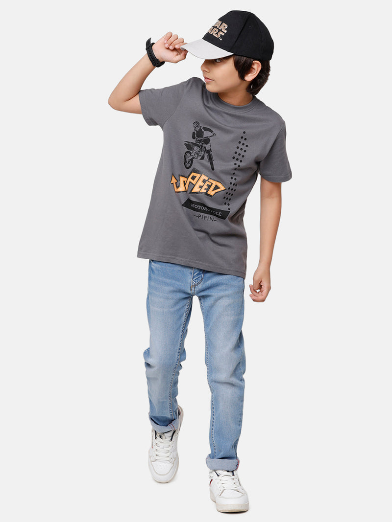 Kids - Boys Printed Half Sleeve T-Shirt Steel Grey