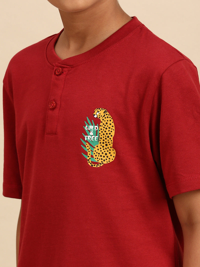 Kids - Boys Printed Half Sleeve T-Shirt Maroon