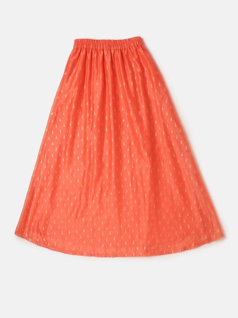 Pipin Girls Printed Lehanga Set Dark Coral
