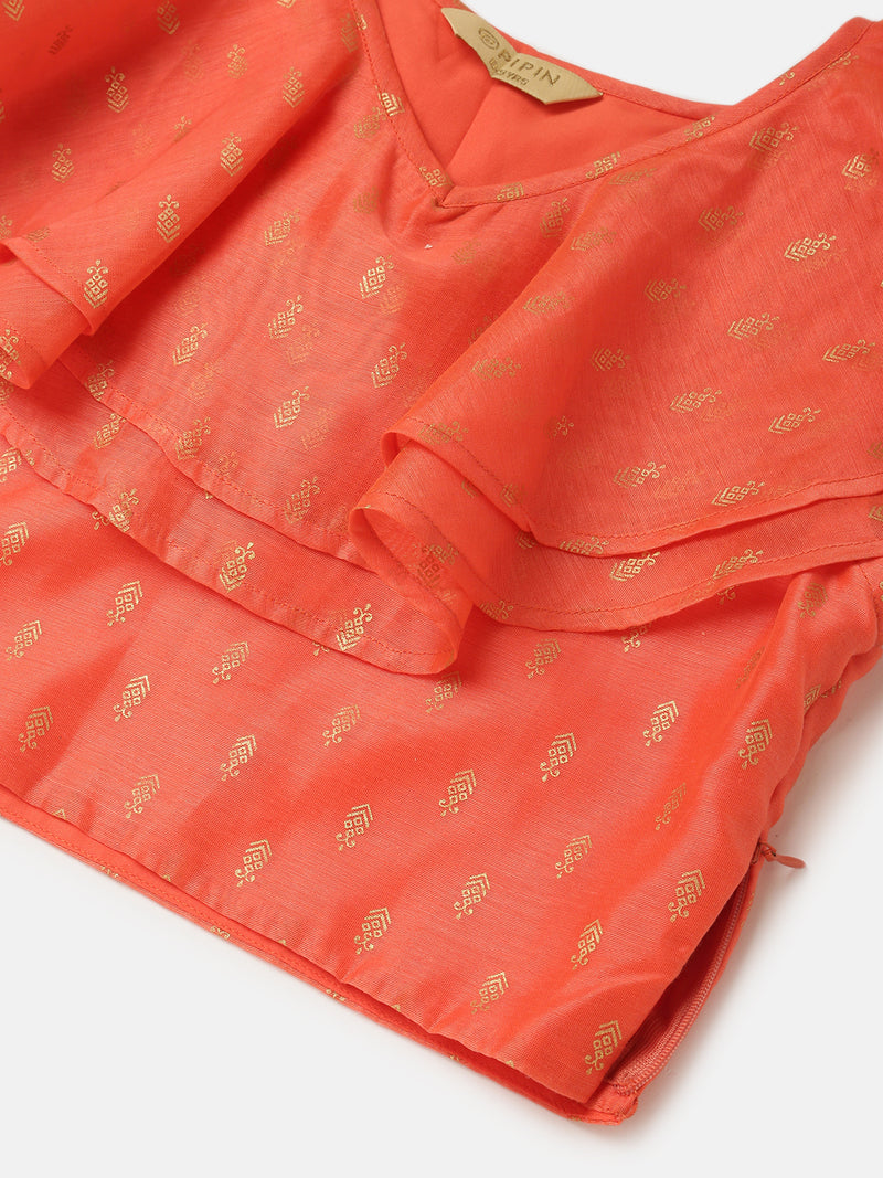 Pipin Girls Printed Lehanga Set Dark Coral