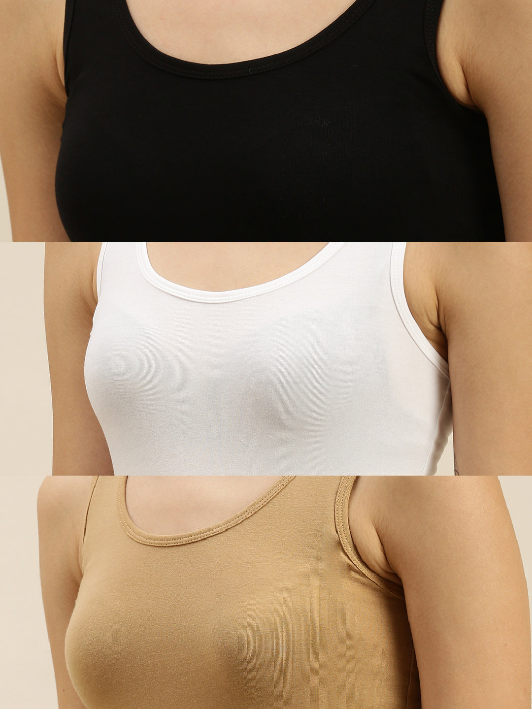 Pack of 3 De Moza Ladies Razor Back Top Black & White & Skin