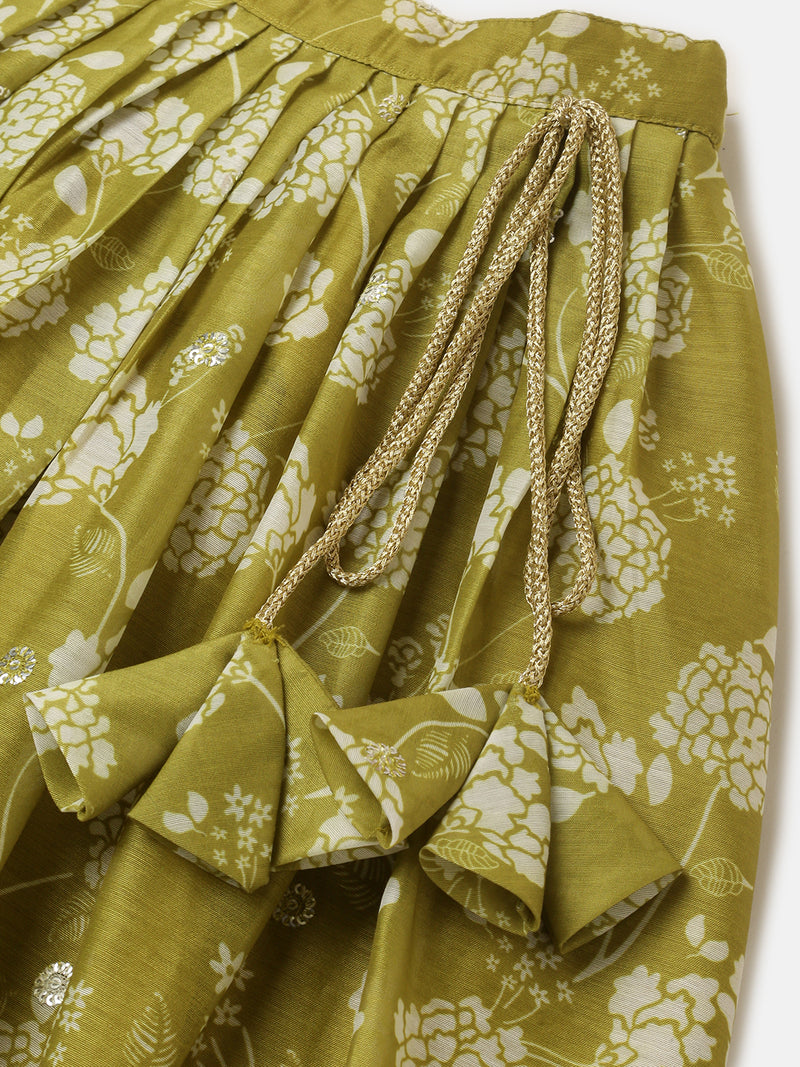 Pipin Girls Printed Lehanga Set Light Olive