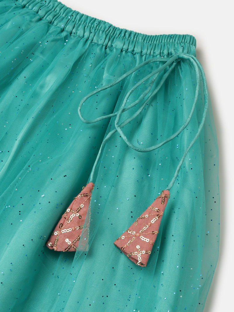 Pipin Girls Printed Lehanga Set Aqua Pink