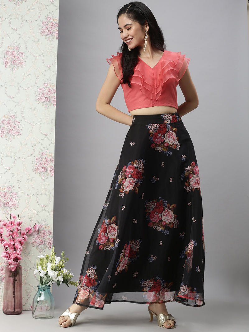 De Moza Women's Co-Ords Sets (Skirt & Blouse) Black & Peach