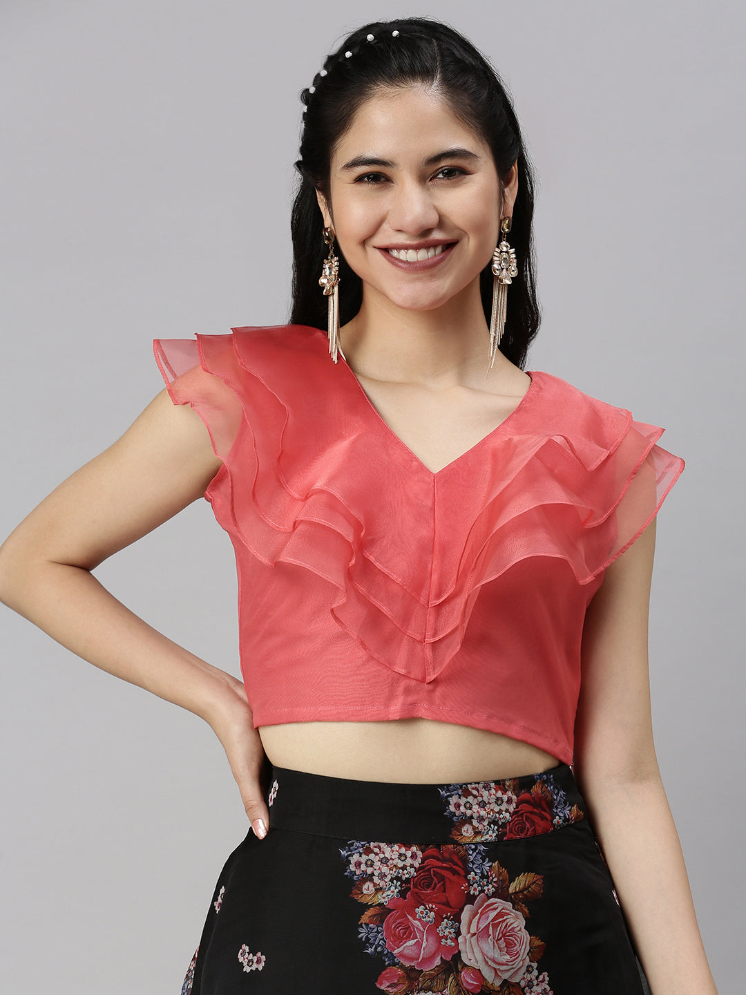 De Moza Women's Co-Ords Sets (Skirt & Blouse) Black & Peach