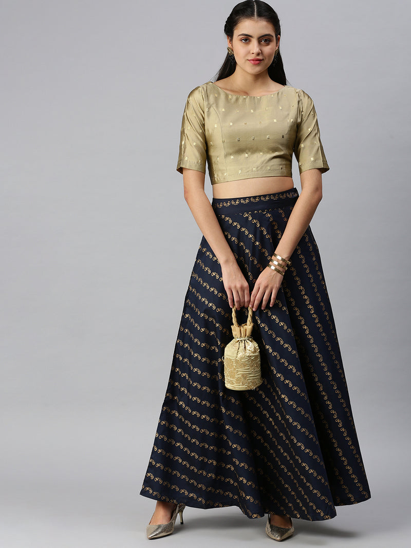 De Moza Women's Co-Ords Sets (Skirt & Blouse) Bottle Green & Gold