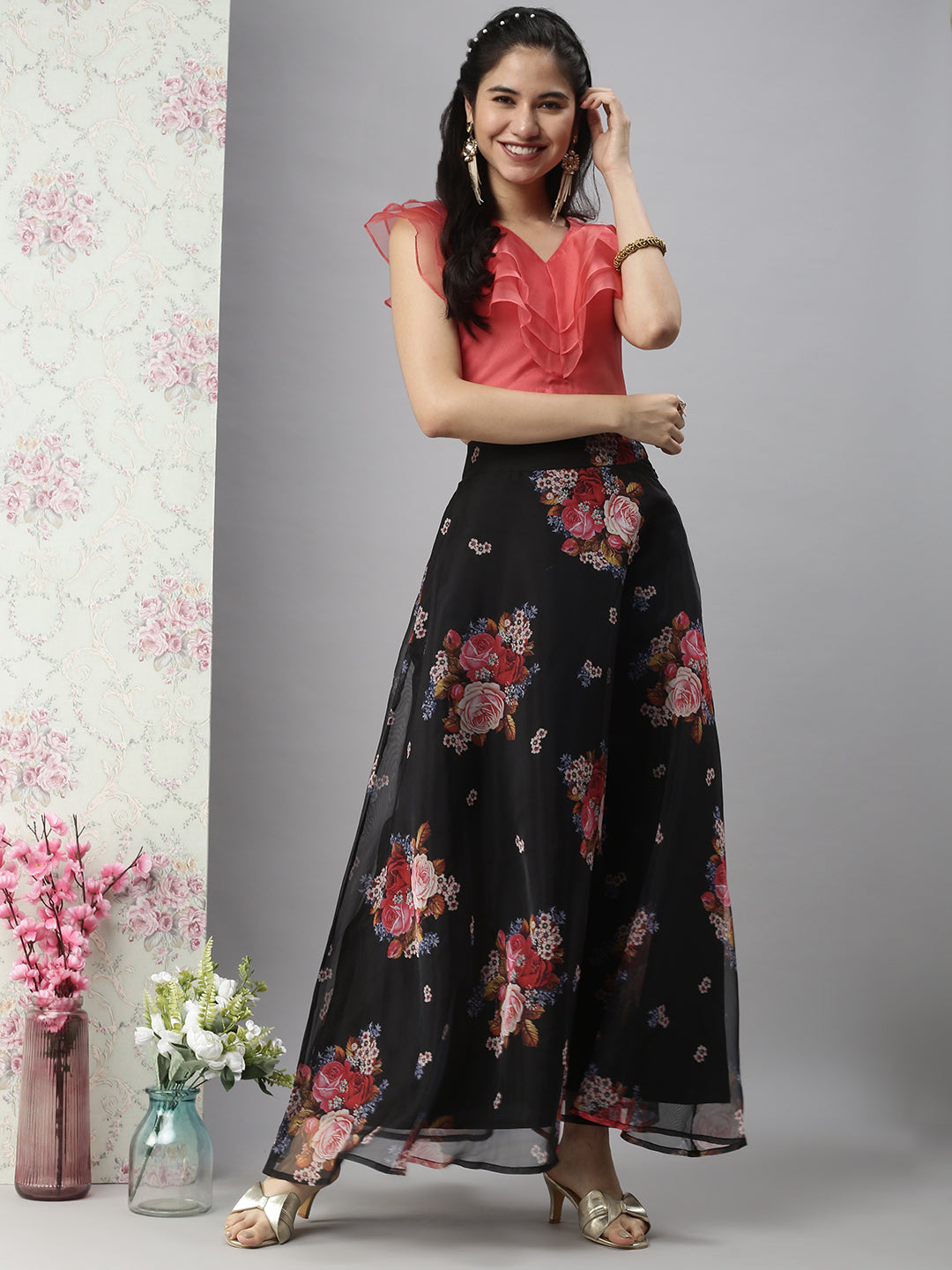 De Moza Women's Co-Ords Sets (Skirt & Blouse) Black & Peach