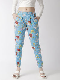 De Moza Women's Printed Straight Pant Cotton Light Blue - De Moza (4470436364351)