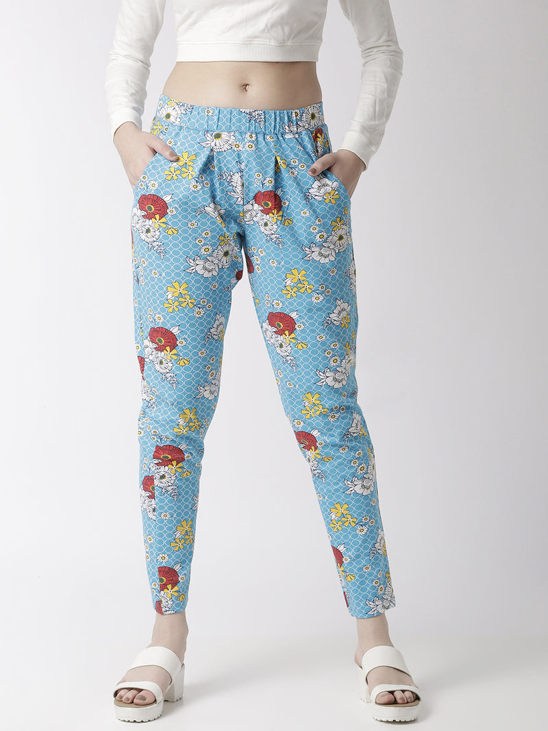 De Moza Women's Printed Straight Pant Cotton Light Blue - De Moza (4470436364351)