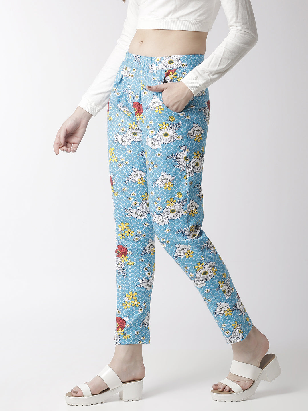 De Moza Women's Printed Straight Pant Cotton Light Blue - De Moza (4470436364351)