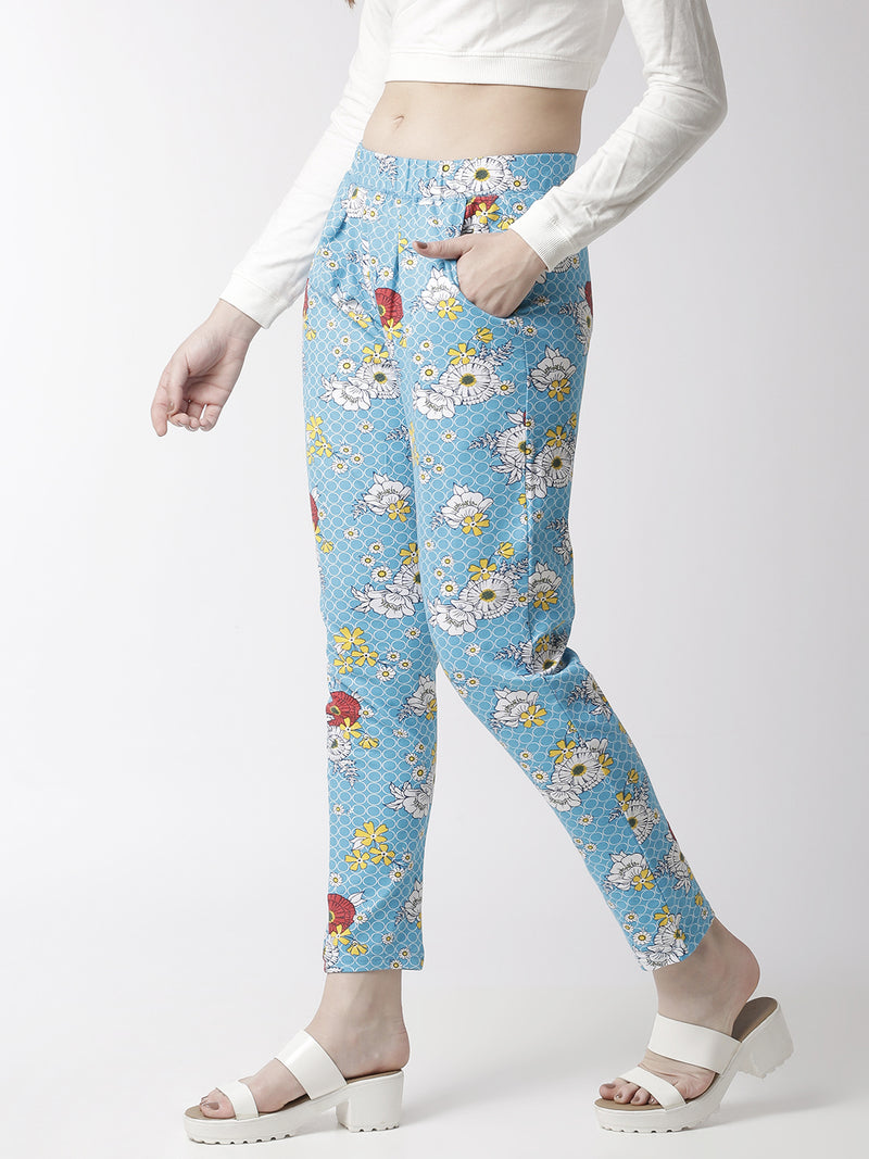 De Moza Women's Printed Straight Pant Cotton Light Blue - De Moza (4470436364351)