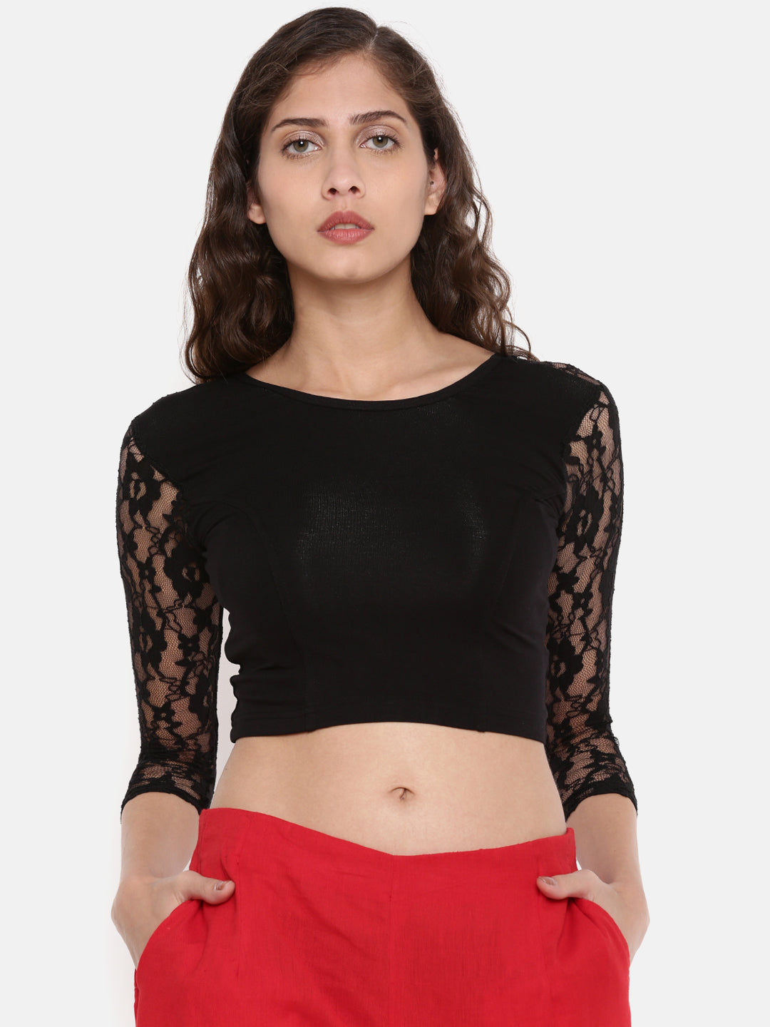 De Moza Women's 3/4Th Crop Top Knit Top Lace Viscose Black - De Moza (4465229660223)