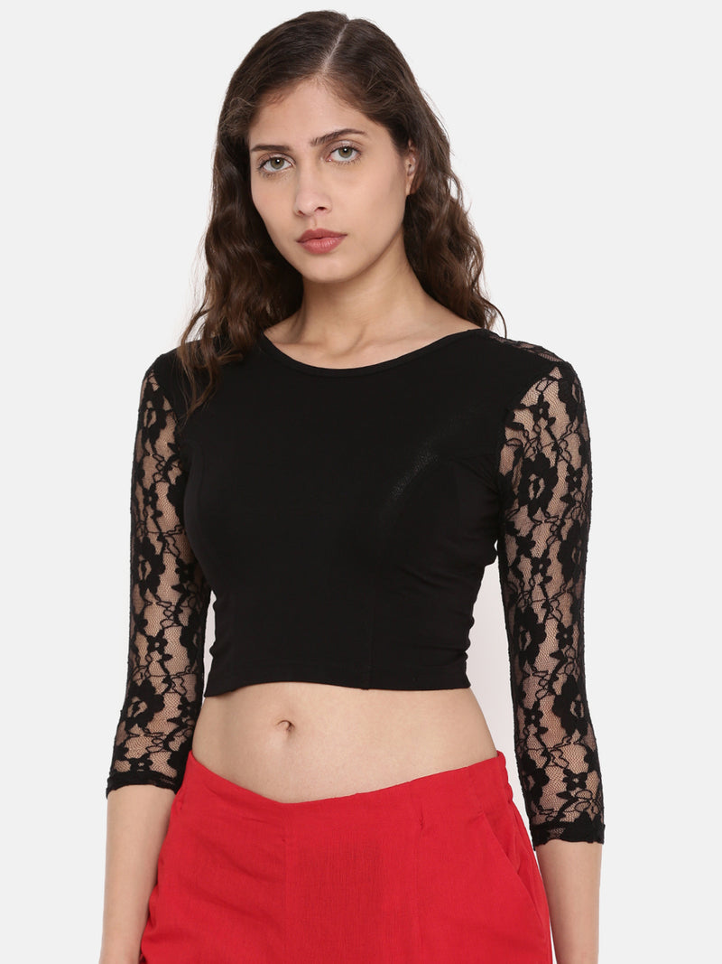 De Moza Women's 3/4Th Crop Top Knit Top Lace Viscose Black - De Moza (4465229660223)