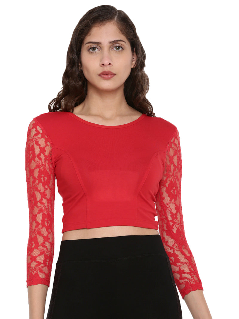 De Moza Women's 3/4Th Crop Top Knit Top Lace Viscose Red - De Moza (4465229725759)