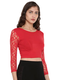 De Moza Women's 3/4Th Crop Top Knit Top Lace Viscose Red - De Moza (4465229725759)
