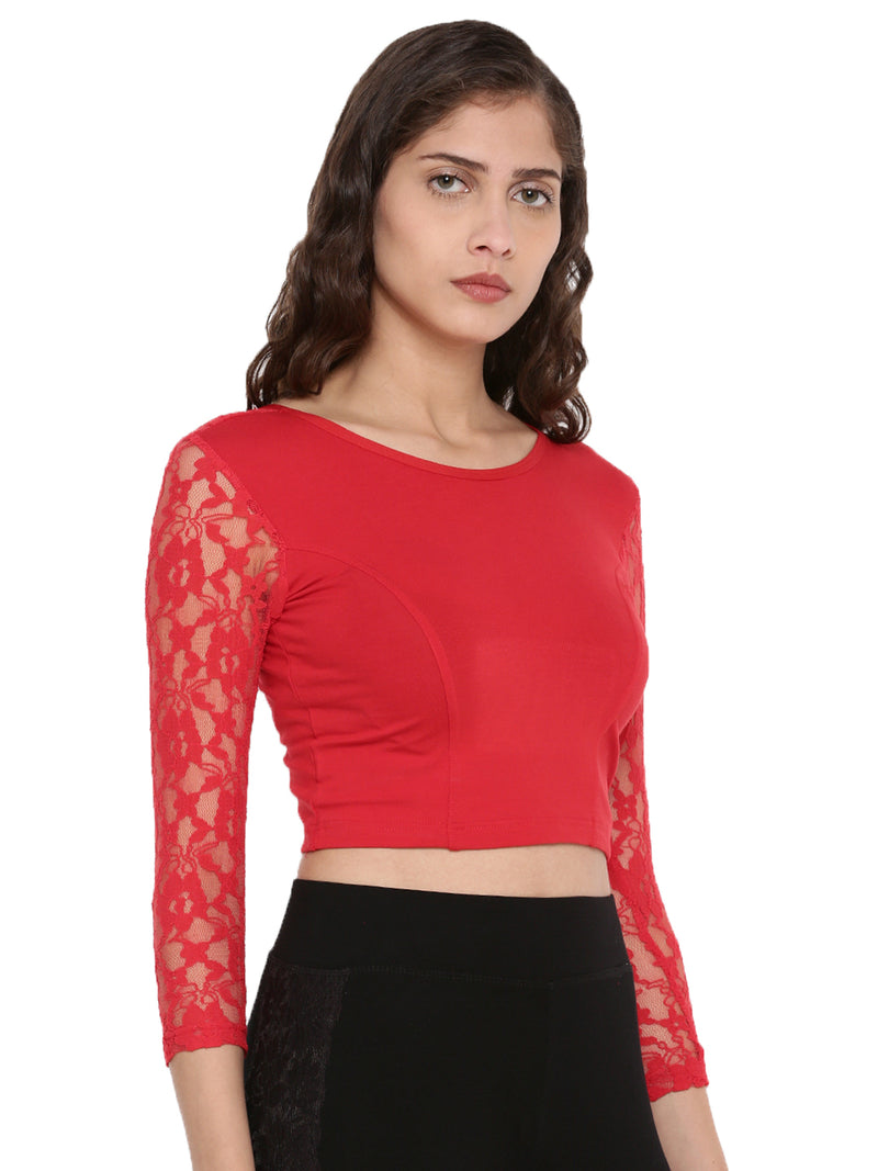 De Moza Women's 3/4Th Crop Top Knit Top Lace Viscose Red - De Moza (4465229725759)