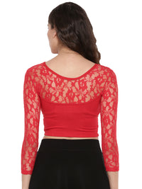 De Moza Women's 3/4Th Crop Top Knit Top Lace Viscose Red - De Moza (4465229725759)