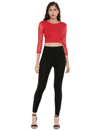 De Moza Women's 3/4Th Crop Top Knit Top Lace Viscose Red - De Moza (4465229725759)