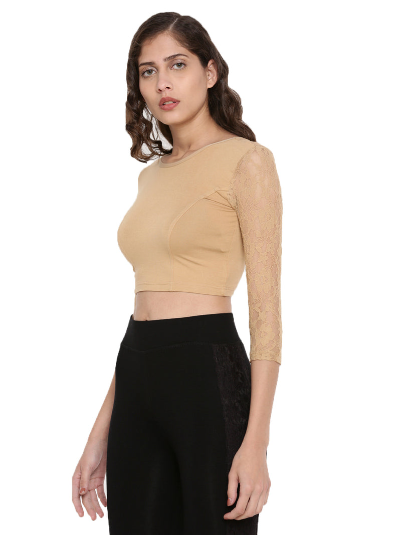 De Moza Women's 3/4Th Crop Top Knit Top Lace Viscose Skin - De Moza (4465229692991)