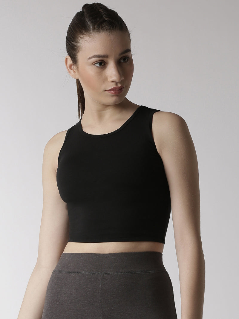 De Moza Women's Sleeveless Crop Top Knit Top Solid Cotton Black - De Moza (4470436266047)