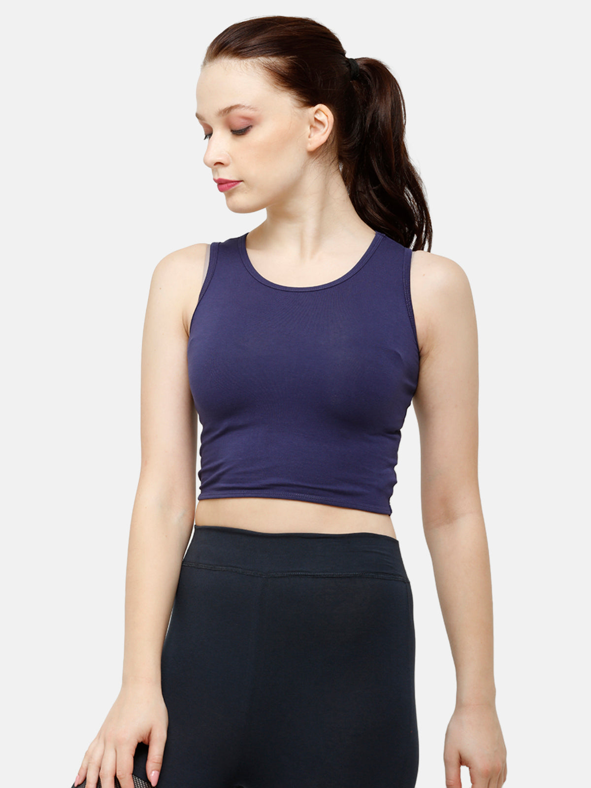 De Moza Women's Sleeveless Crop Top Knit Top Solid Cotton Navy Blue - De Moza (4885586935871)