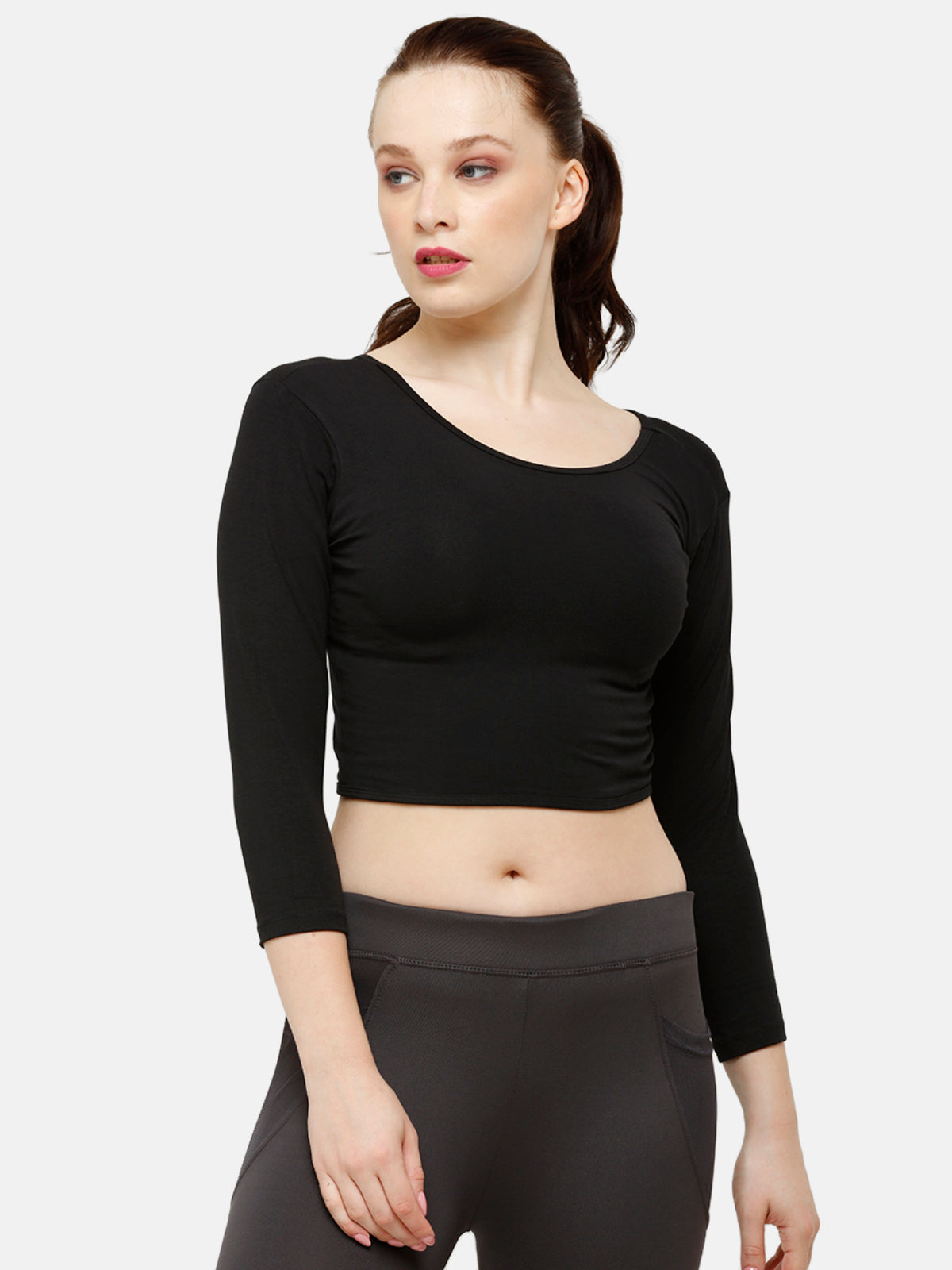 De Moza Women's 3/4th Crop Knit Top Solid Cotton Black - De Moza (4885586968639)