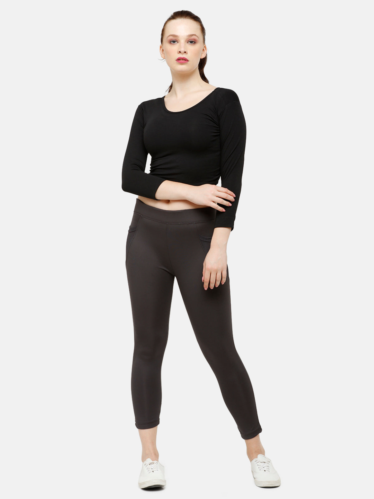 De Moza Women's 3/4th Crop Knit Top Solid Cotton Black - De Moza (4885586968639)