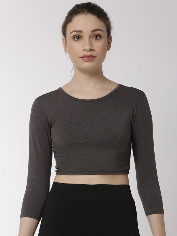 De Moza Ladies 3/4th Crop Knit Top Solid Cotton Anthra Melange - De Moza (4657283399743)