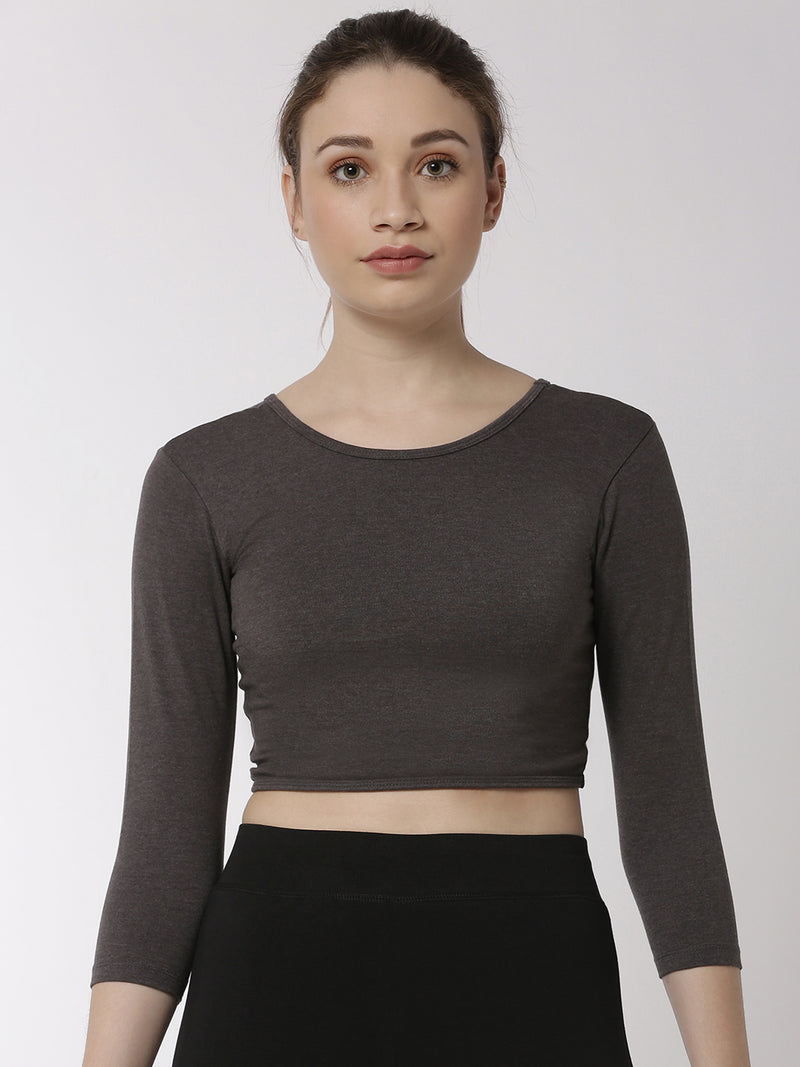 De Moza Ladies 3/4th Crop Knit Top Solid Cotton Anthra Melange - De Moza (4657283399743)