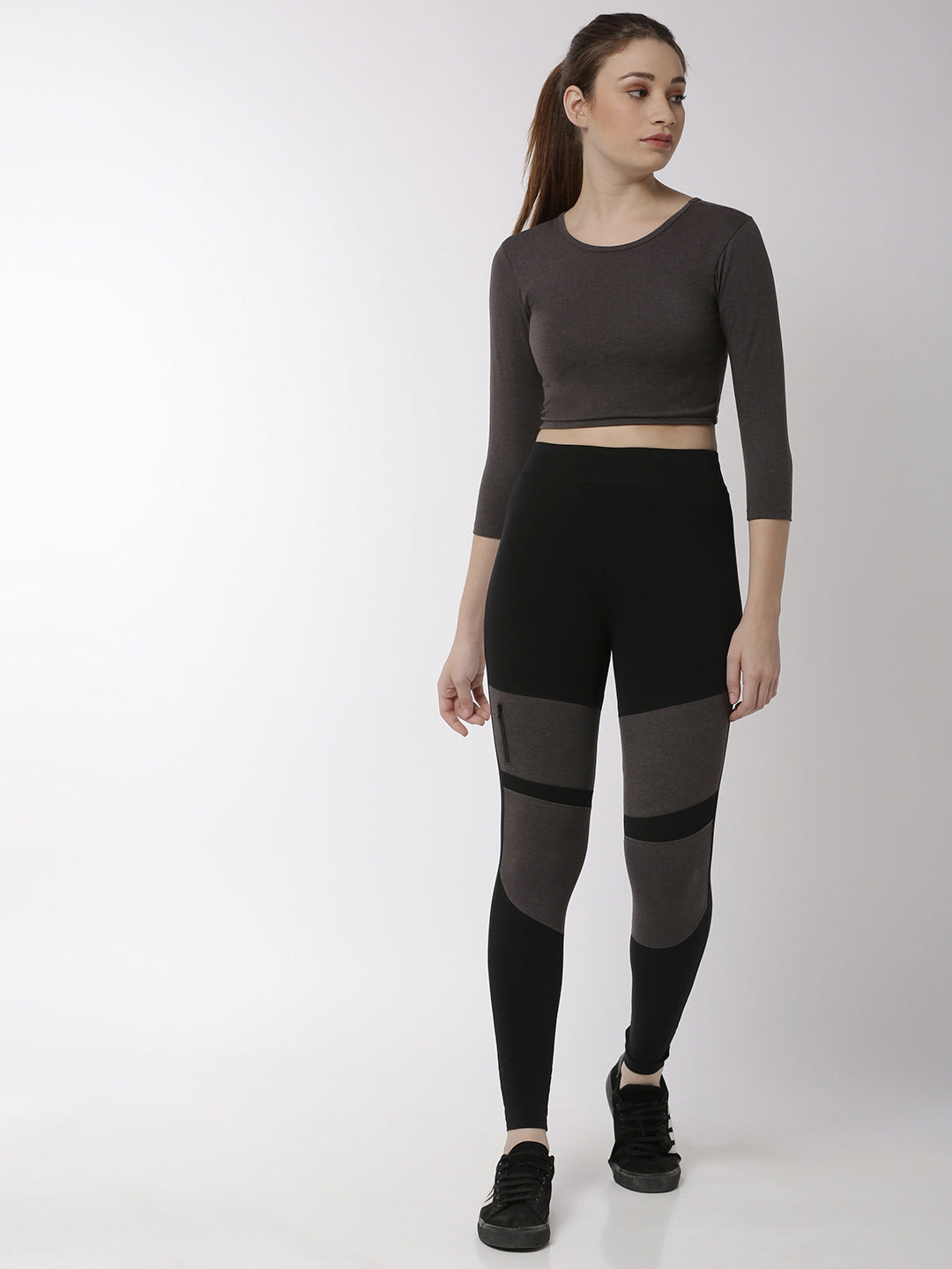 De Moza Ladies 3/4th Crop Knit Top Solid Cotton Anthra Melange - De Moza (4657283399743)