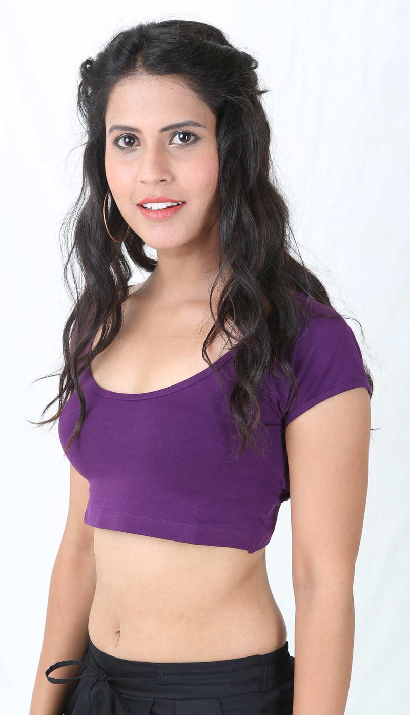 De Moza Ladies Knit Top Hs Crop Solid Cotton Lycra Deep Purple - De Moza (6643681067071)