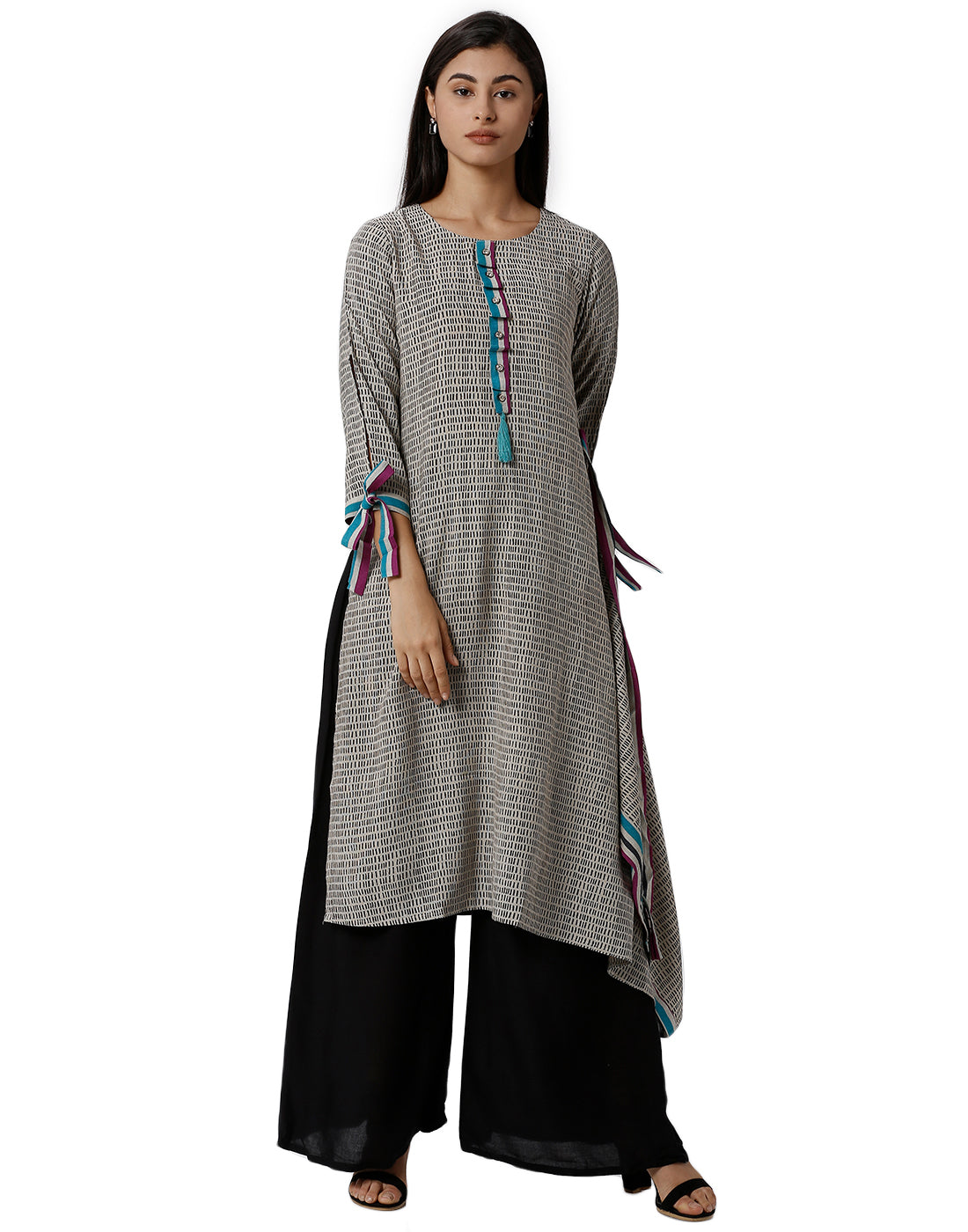 Silhouettes Women's 3/4Th Sleeve Kurta Embrodry Rayon Grey - De Moza (4464288923711)