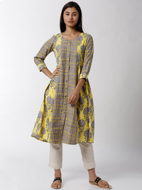 Silhouettes - Ladies Yellow with Grey Printed Round Neck Kurta - De Moza (1795689742399)