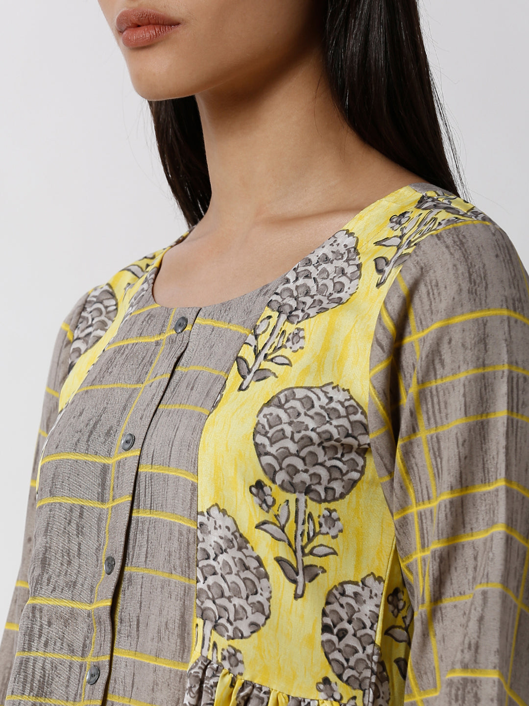 Silhouettes - Ladies Yellow with Grey Printed Round Neck Kurta - De Moza (1795689742399)