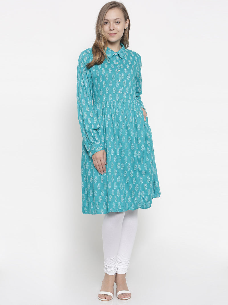 De Moza- Ladies Printed Kurti Full Sleeve Teal Green - De Moza (675416637503)