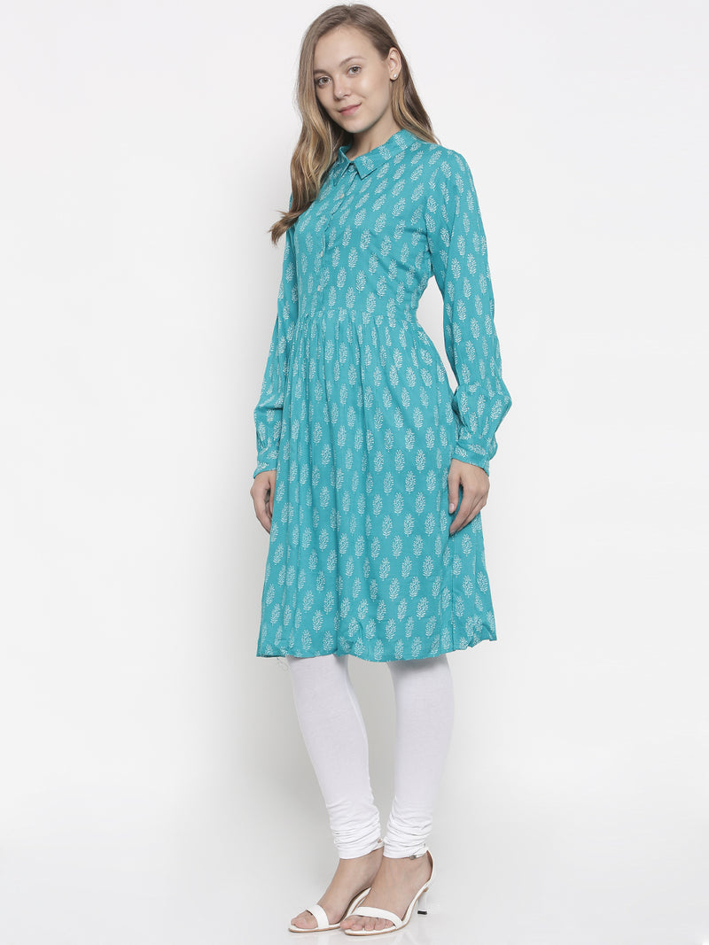 De Moza- Ladies Printed Kurti Full Sleeve Teal Green - De Moza (675416637503)