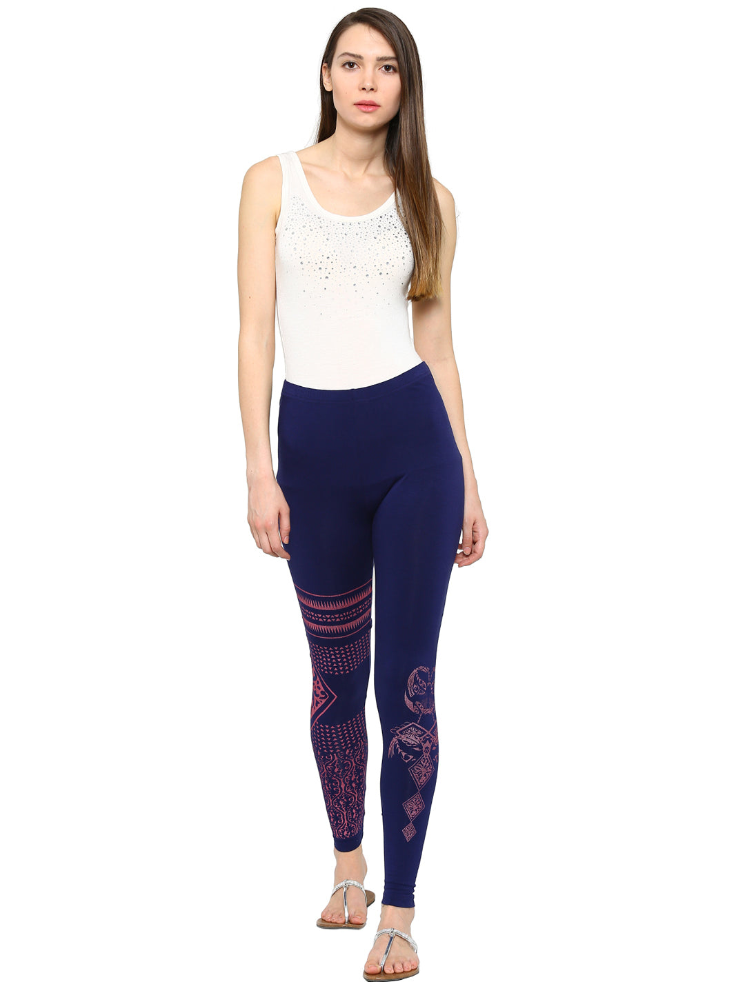 De Moza Ladies Ankle Length  Leggings Navy Blue with  Pink - De Moza (8780259715)