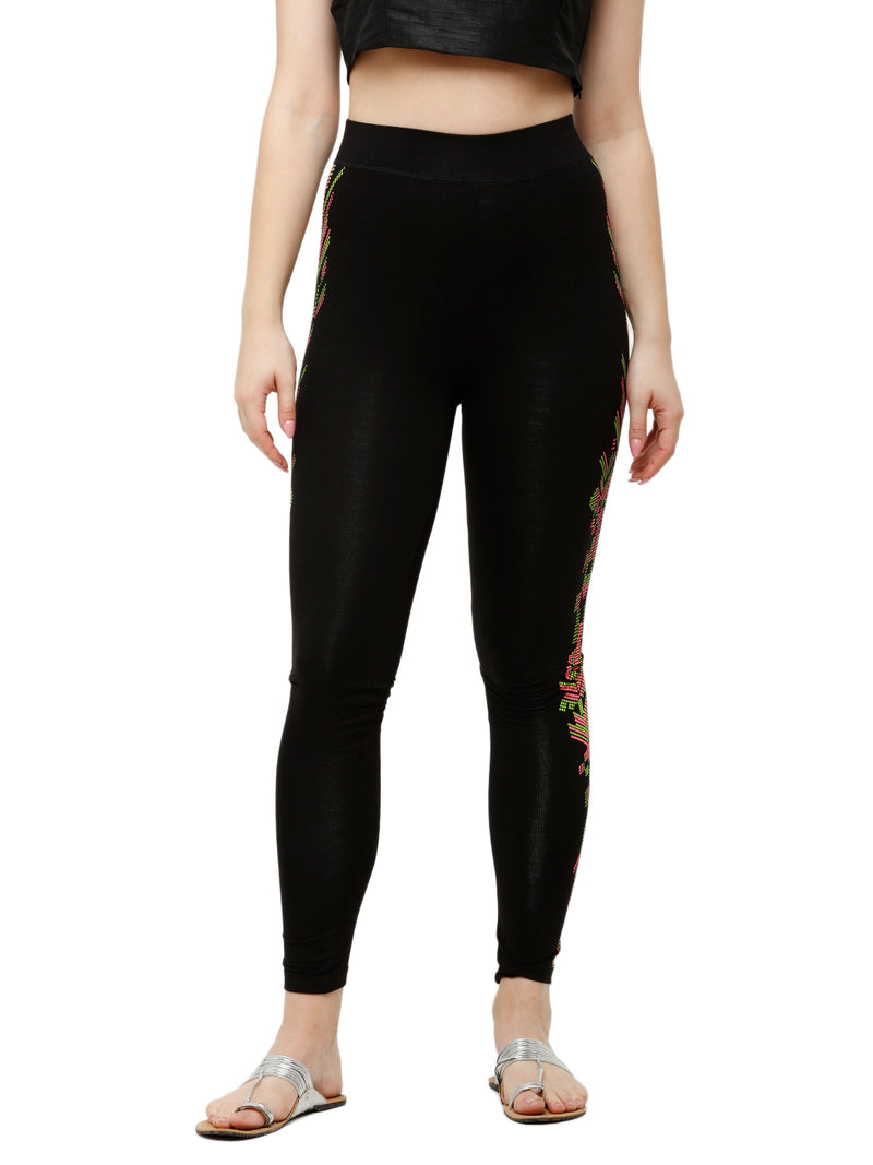 De Moza Ladies Ankle Length Leggings Printed Viscose Black - De Moza (6643690537023)