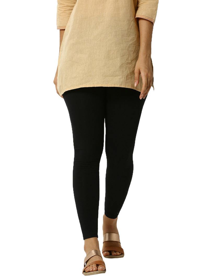 De Moza Women's Ankle Length Leggings Solid Cotton Black Free Size - De Moza (4822486548543)