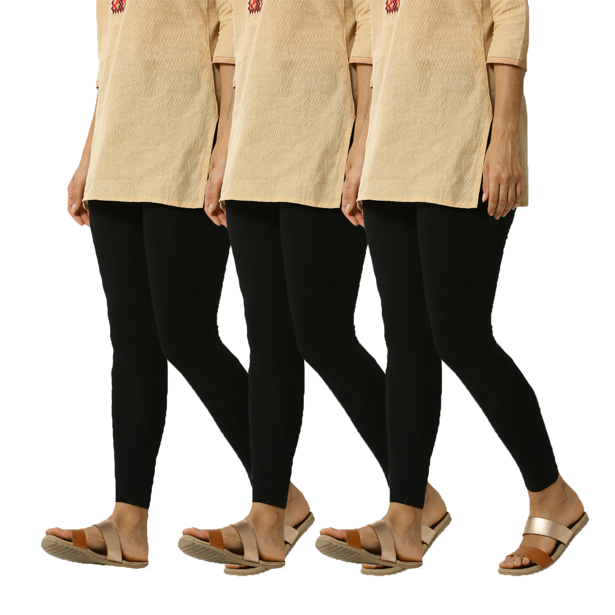 De Moza Women's Ankle Length Pack 3 Leggings Solid Cotton Black FS - De Moza (4822486646847)