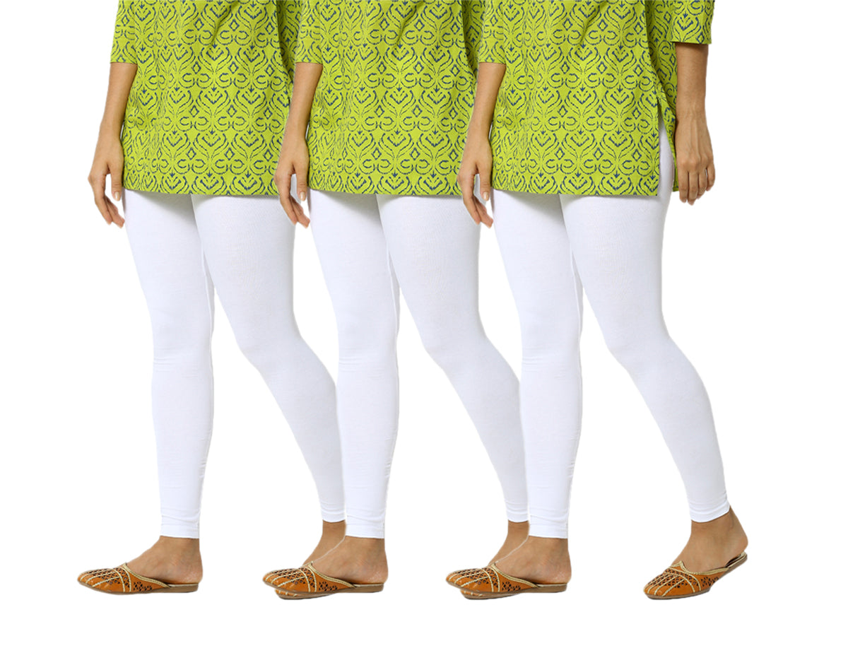 De Moza Women's Ankle Length Pack 3 Leggings Solid Cotton White Free Size - De Moza (4822486712383)